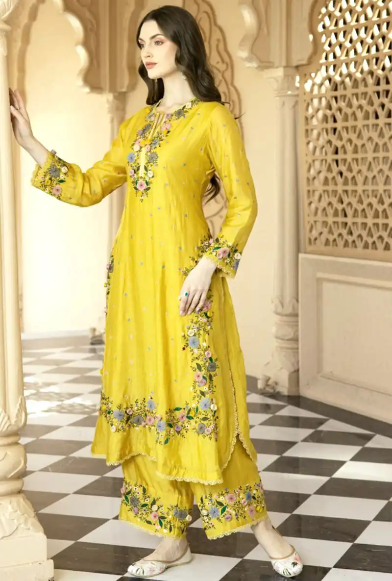 NSR 862 Yellow Faux Georgette Slawar Suit with Embroidery Work & Lace Work. Introductory Price ₹2149. Delivery 4-6 Working Days. Shop now. | Casual Suits, Jump Suits, Tops & Bottoms, Track Suits, Salwar suit, Creative suits, Designer Suits, Palazzo Suits, Party Wear Suits, Patiala Suits, Straight Suits, Trendy Wear