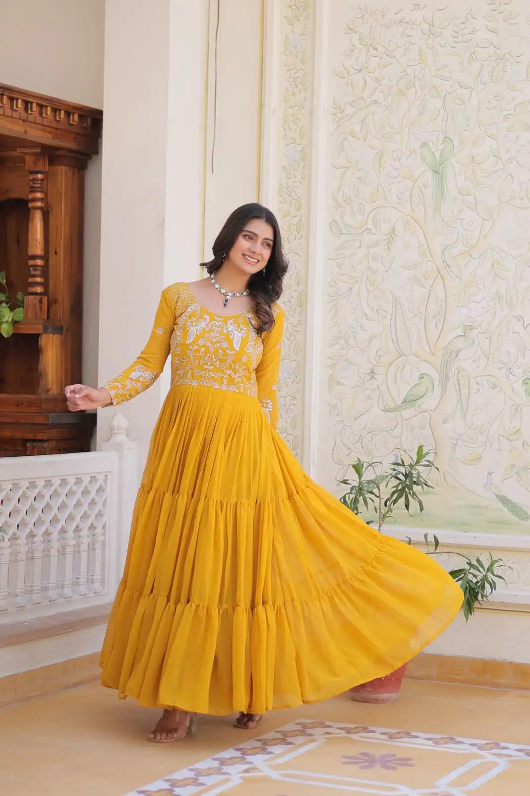 Ram 083 Yellow Fox Georgette Sequence Work Gown . Wedding, Party, Festive, Events Grab it for ₹1749. Delivery 4-6 Working Days. Shop now. | Gowns, Bollywood Gowns, Creative Gowns, Designer Gowns, Embroidered Gowns, Party Wear Gowns