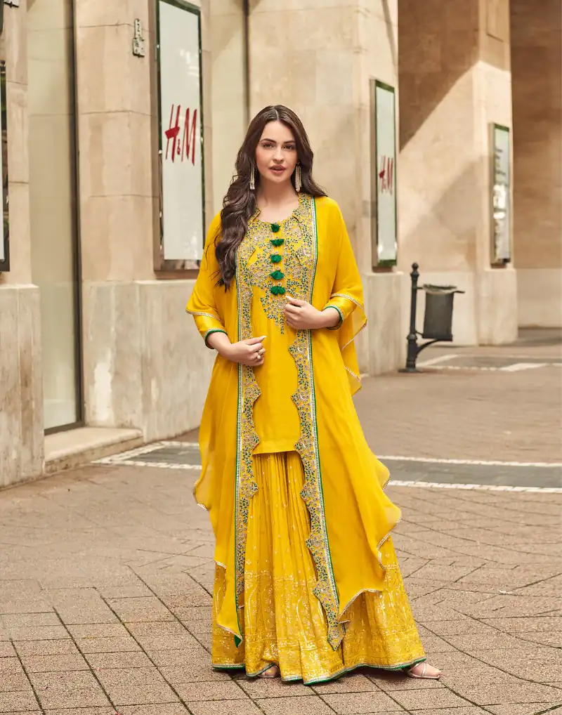 FC Sayuuri 5595 Yellow | Yellow Georgette Salwar Suit with Embroidery Work & Lace Work. Special Price ₹3149. Delivery 4-6 Working Days. Shop now. | Casual Suits, Jump Suits, Tops & Bottoms, Track Suits, Salwar suit, Creative suits, Designer Suits, Palazzo Suits, Party Wear Suits, Patiala Suits, Straight Suits, Trendy Wear