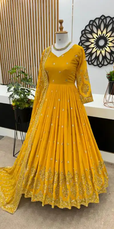 ZF 359 Yellow Color Georgette Embroidery Sequence Work Gown Casual, Wedding, Party, Festive, Events Etc. Expected Delivery 4-6 Working Days @1999/- | Gowns, Bollywood Gowns, Creative Gowns, Designer Gowns, Embroidered Gowns, Party Wear Gowns