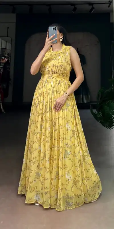 YNF 5200 Yellow Color Weightless Marbal Gown with Designer Work. Available at ₹1649 only. Delivery 4-6 Working Days. Shop now. | Gowns, Bollywood Gowns, Creative Gowns, Designer Gowns, Embroidered Gowns, Party Wear Gowns