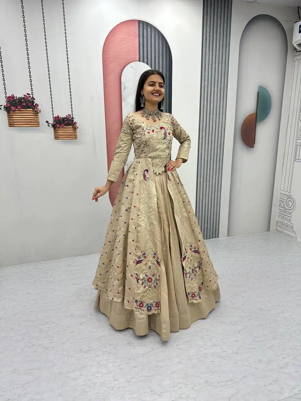Cream Vichitra Sequence Work Lehenga Choli - Image 2