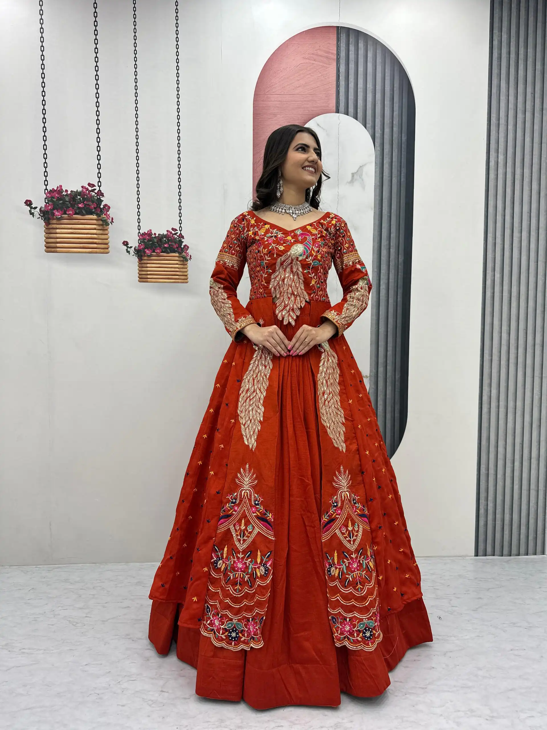 Orange Vichitra Sequence Work Lehenga Choli - Image 8