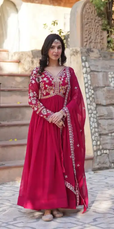 Red Faux Blooming Sequins Zari Work Gown