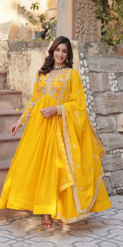 Yellow Faux Blooming Sequins Zari Work Gown