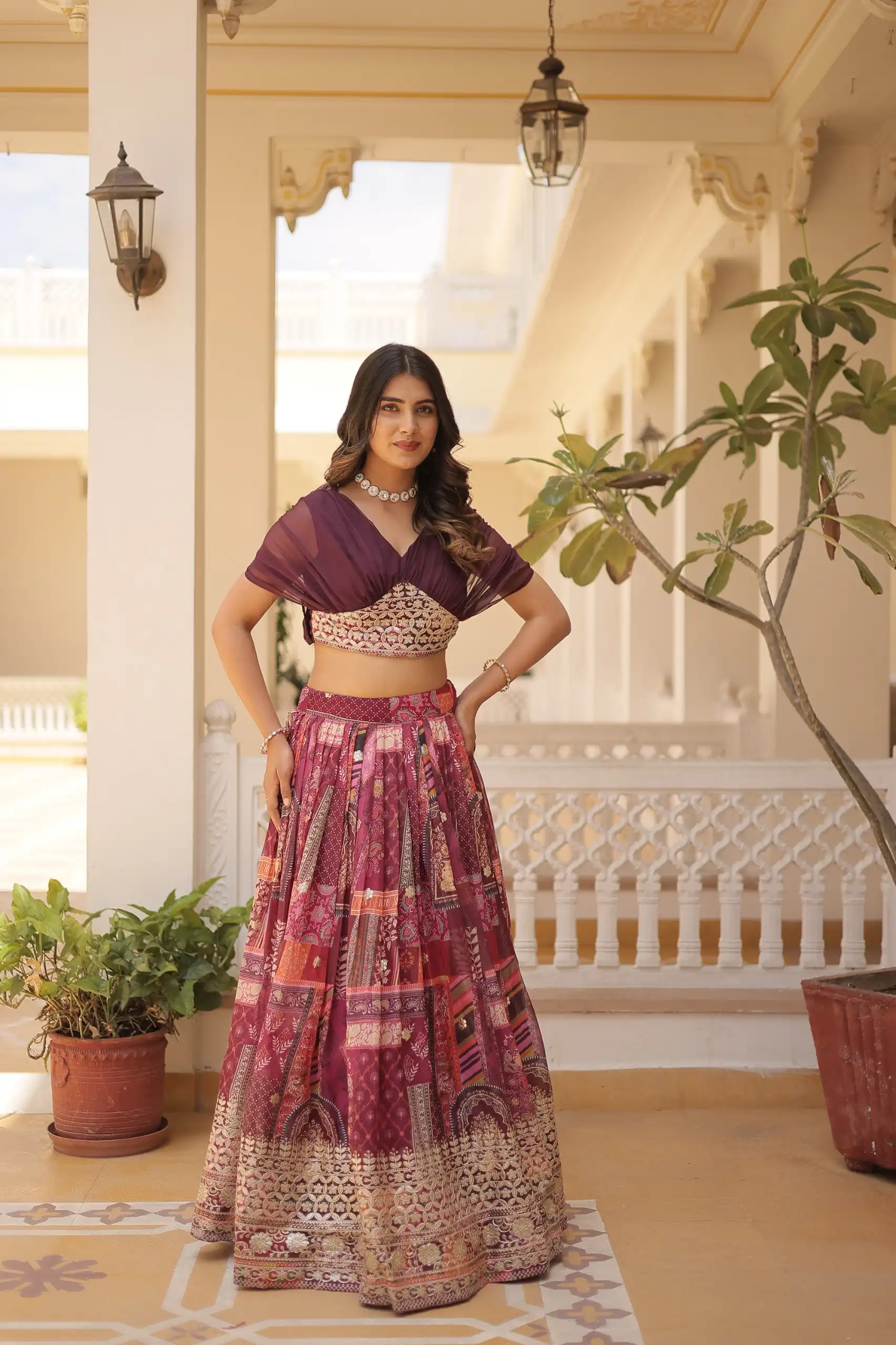 Wine Russian Silk Embroidery Work Lehenga Choli