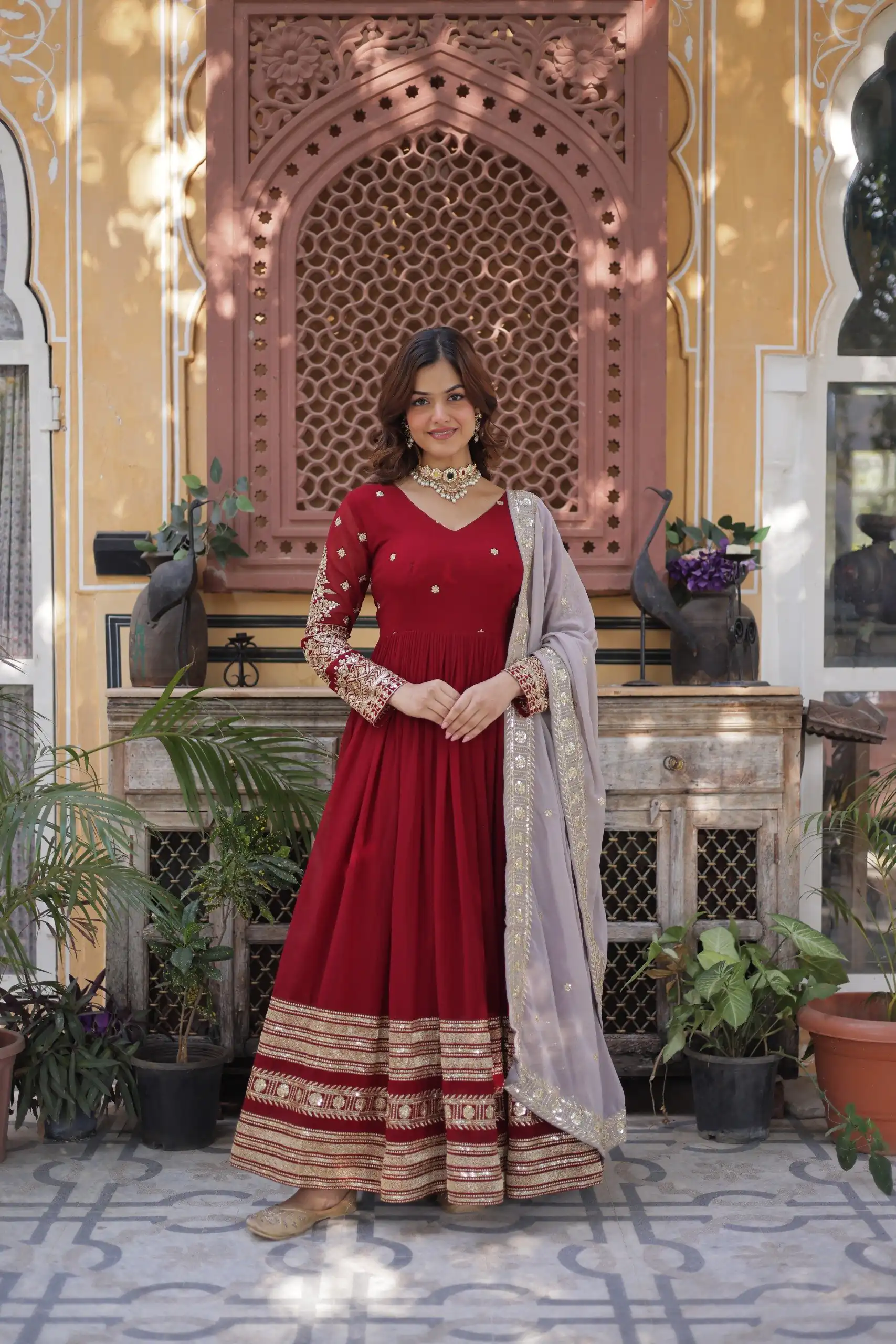 Red Faux Blooming Zari Embroidery Work Gown - Image 2