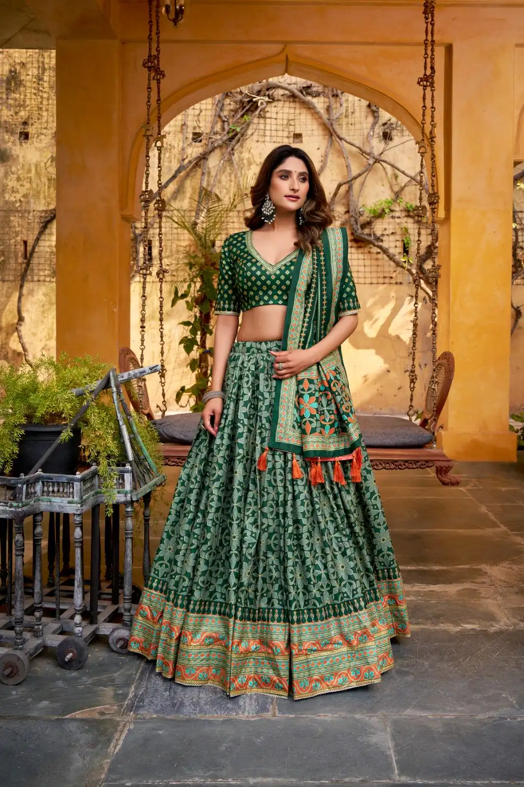 Green Tasar Silk Gotta Patti Lace Work Lehenga Choli - Image 2