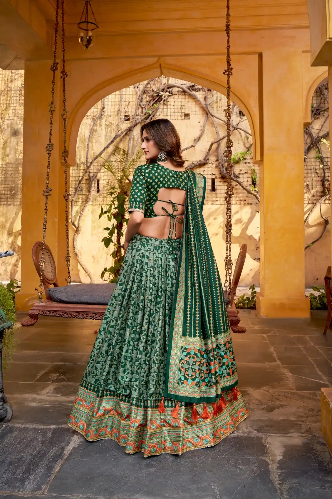 Green Tasar Silk Gotta Patti Lace Work Lehenga Choli - Image 3