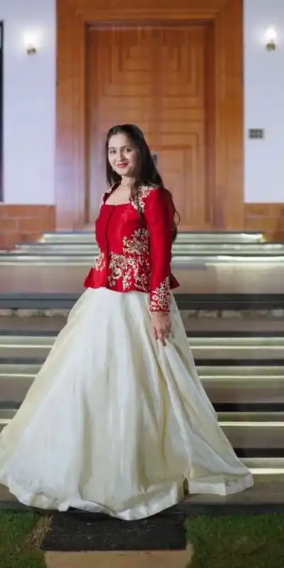 Red Chinon Embroidery Work Lehenga Choli