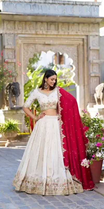 Off White Vichitra Silk Sequins Work Lehenga Choli