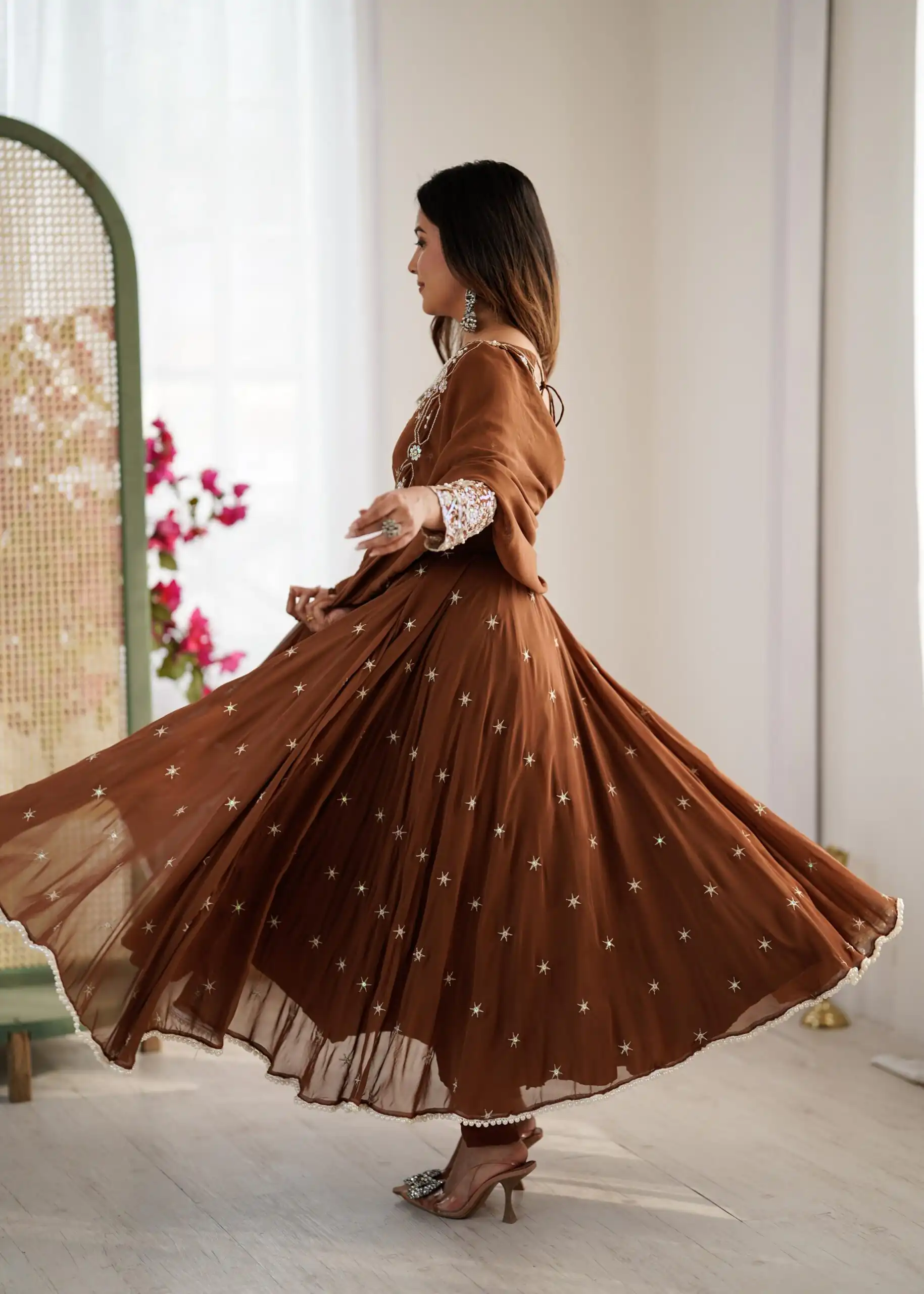 Brown Blooming Faux Embroidery Work Gown - Image 2