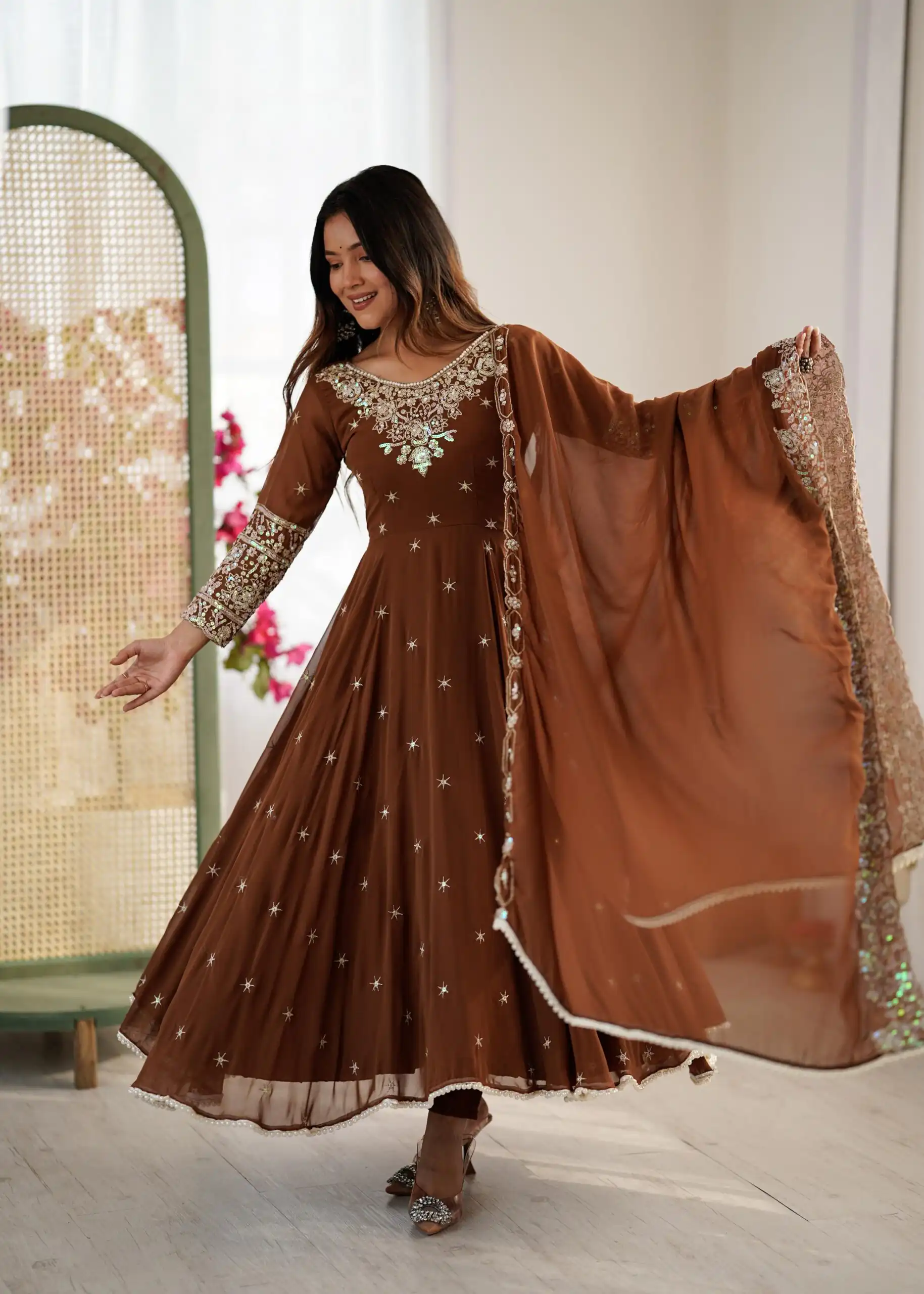 Brown Blooming Faux Embroidery Work Gown - Image 3