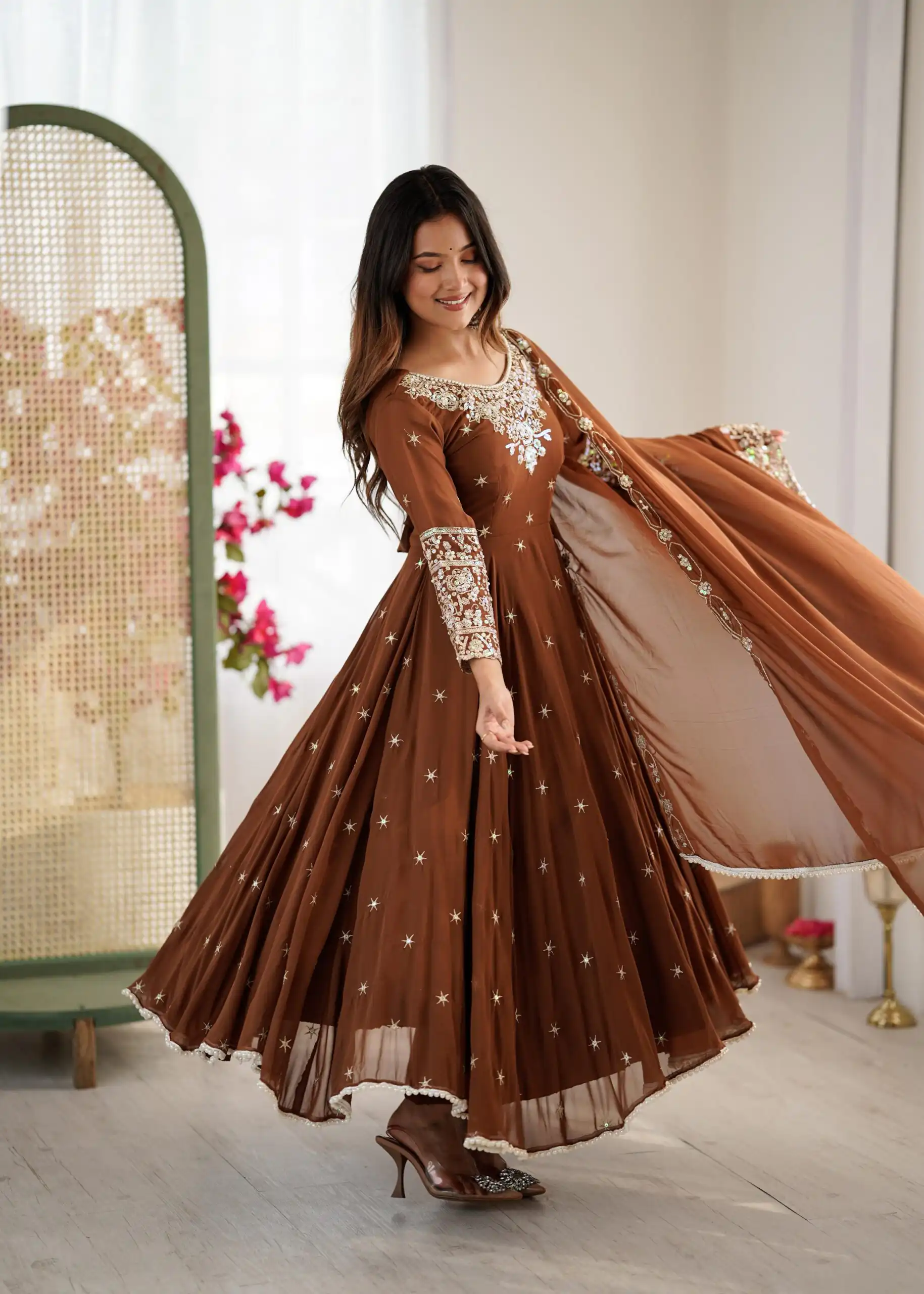 Brown Blooming Faux Embroidery Work Gown - Image 4