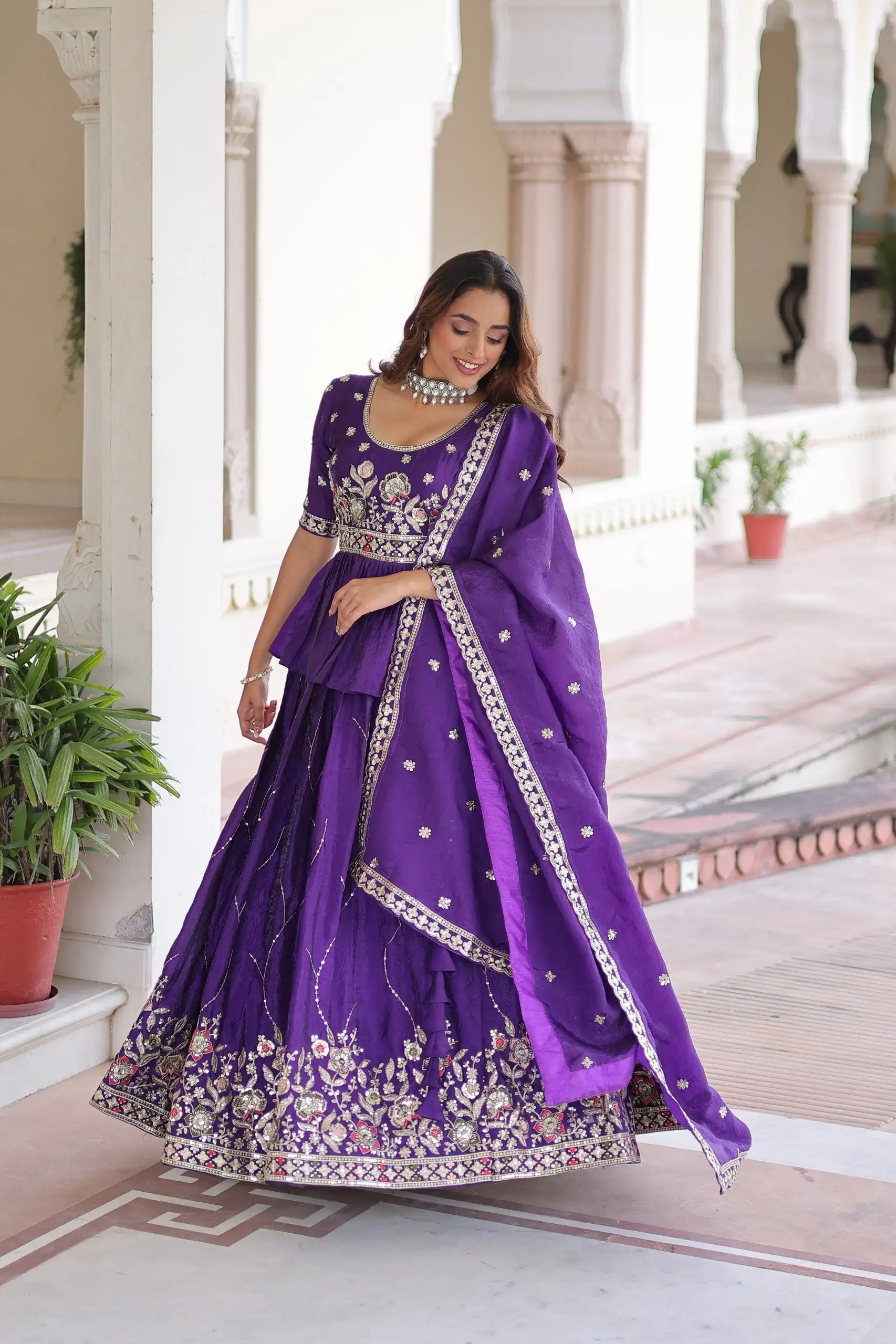 Purple Gold Crush Embroidery Zari Work Lehenga Choli - Image 6