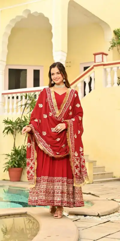 Red Faux Blooming Zari Sequins Work Gown