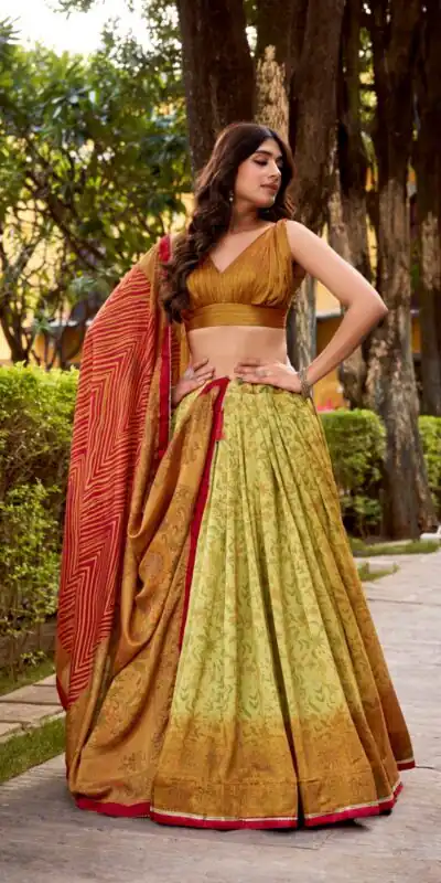 Mustered Vichitra Silk Printed Lehenga Choli