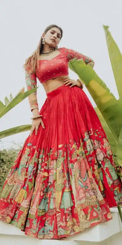 Red Cotton Kalamkari Print Lehenga Choli