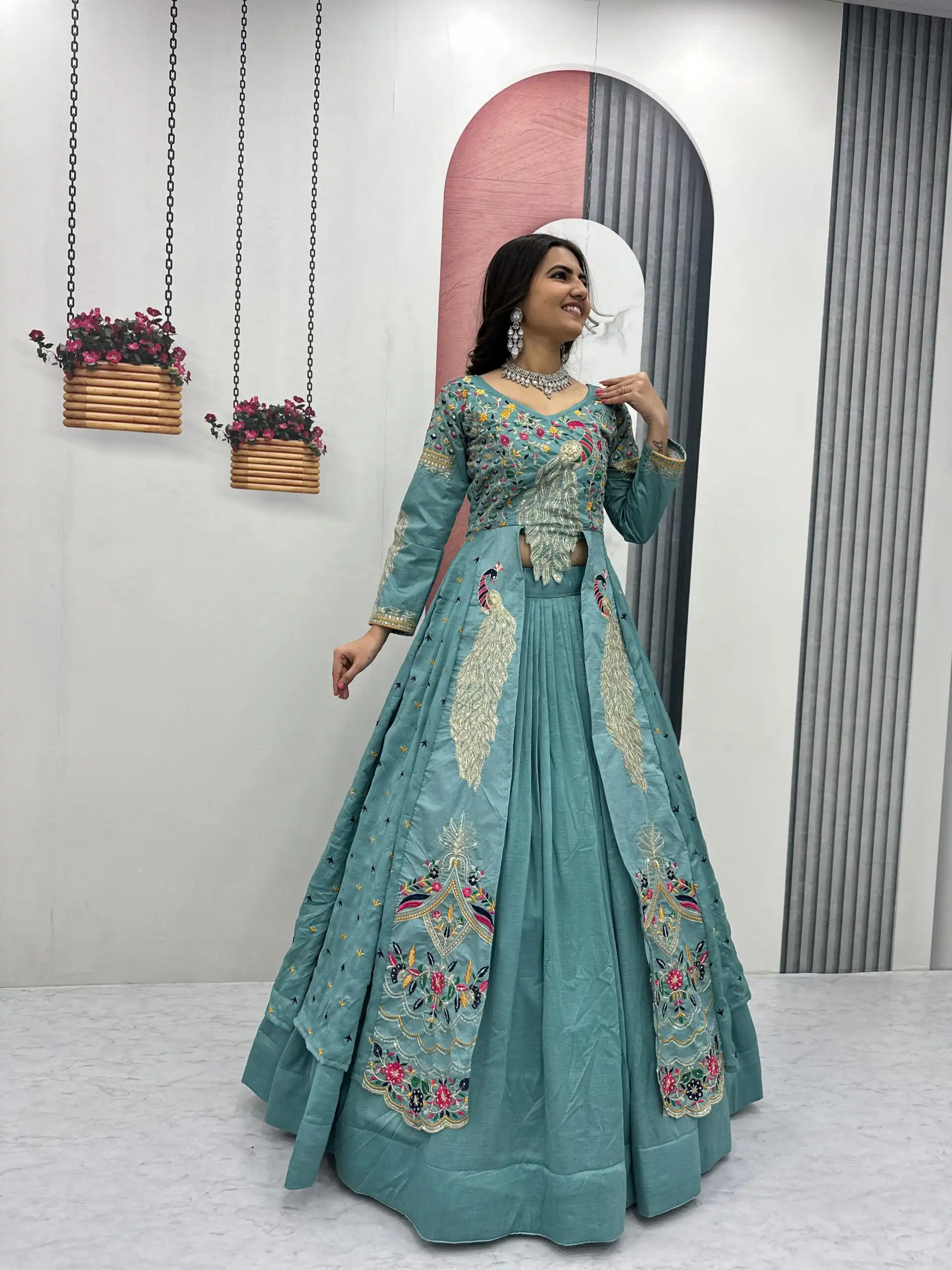 Sky Blue Vichitra Sequence Work Lehenga Choli - Image 2