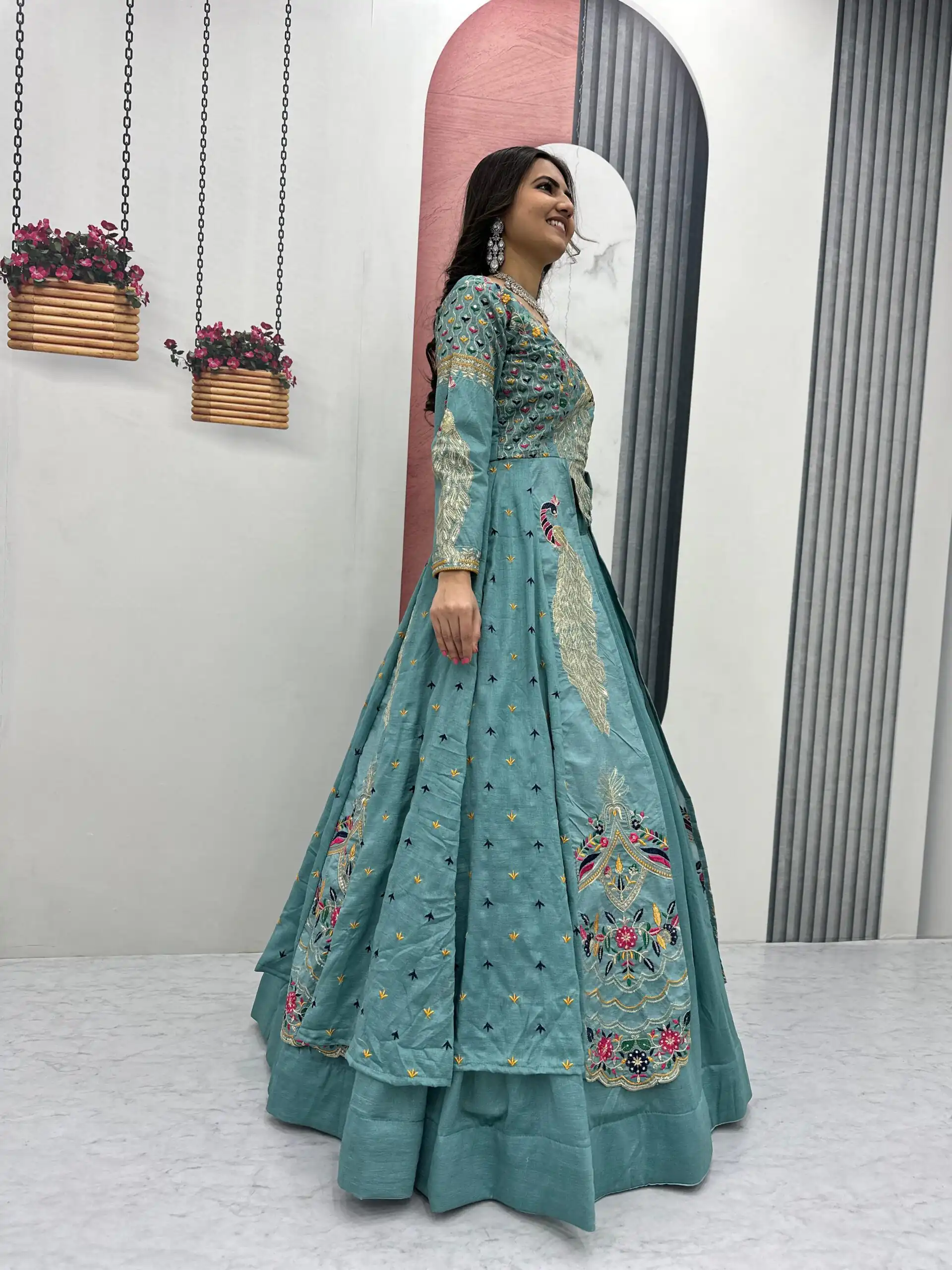 Sky Blue Vichitra Sequence Work Lehenga Choli - Image 3