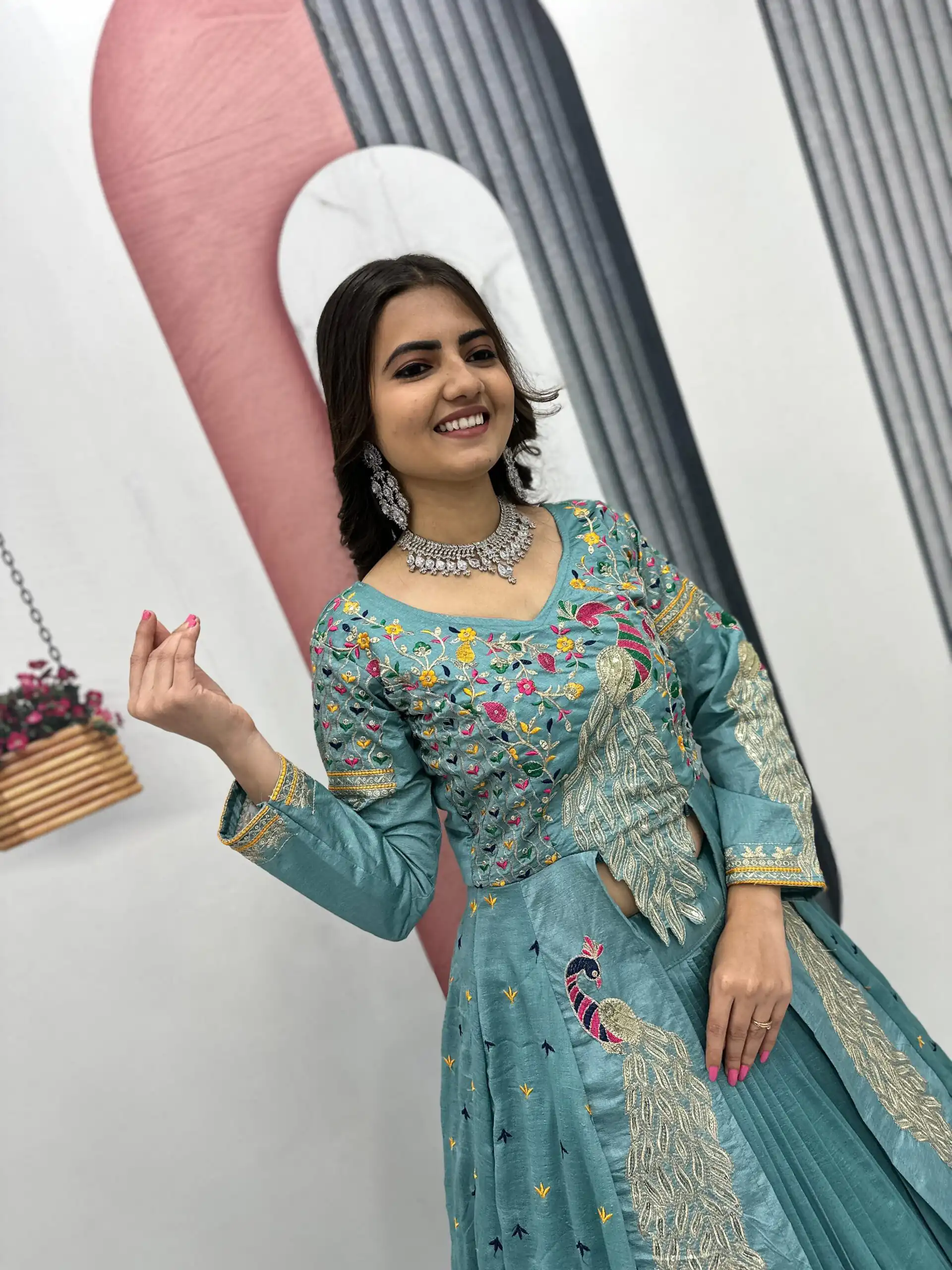 Sky Blue Vichitra Sequence Work Lehenga Choli - Image 5