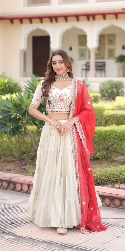 Red Cosmos Silk Embroidery Zari Work Lehenga Choli