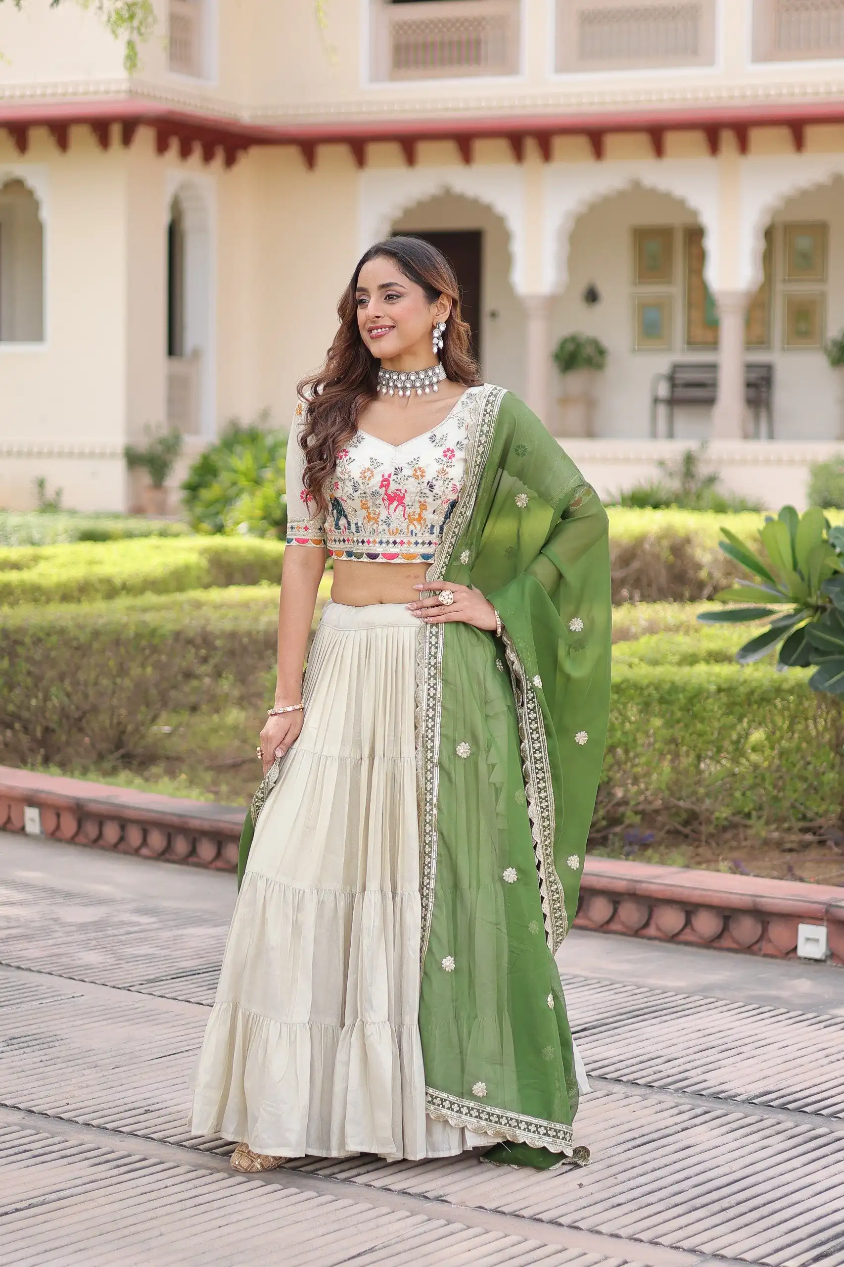 Green Cosmos Silk Embroidery Zari Work Lehenga Choli - Image 5