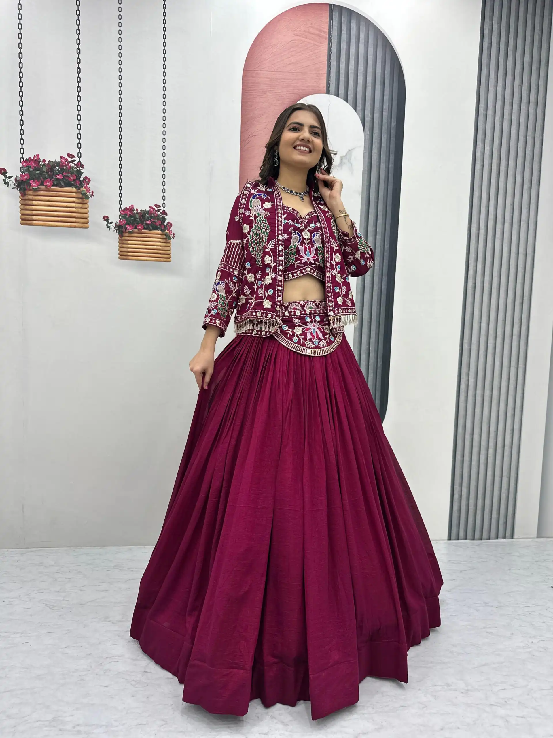 Rani Pink Vichitra Silk Thread Work Lehenga Choli
