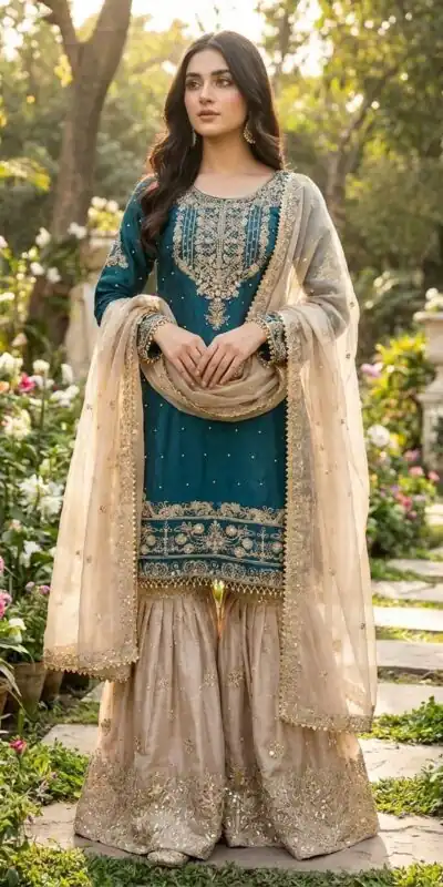 Teal Organza Silk Embroidery Lace Work Salwar Suit