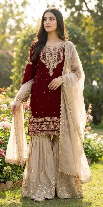 Maroon Organza Silk Embroidery Lace Work Salwar Suit