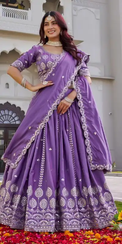 Lavender Crap Silk Embroidery Work Lehenga Choli