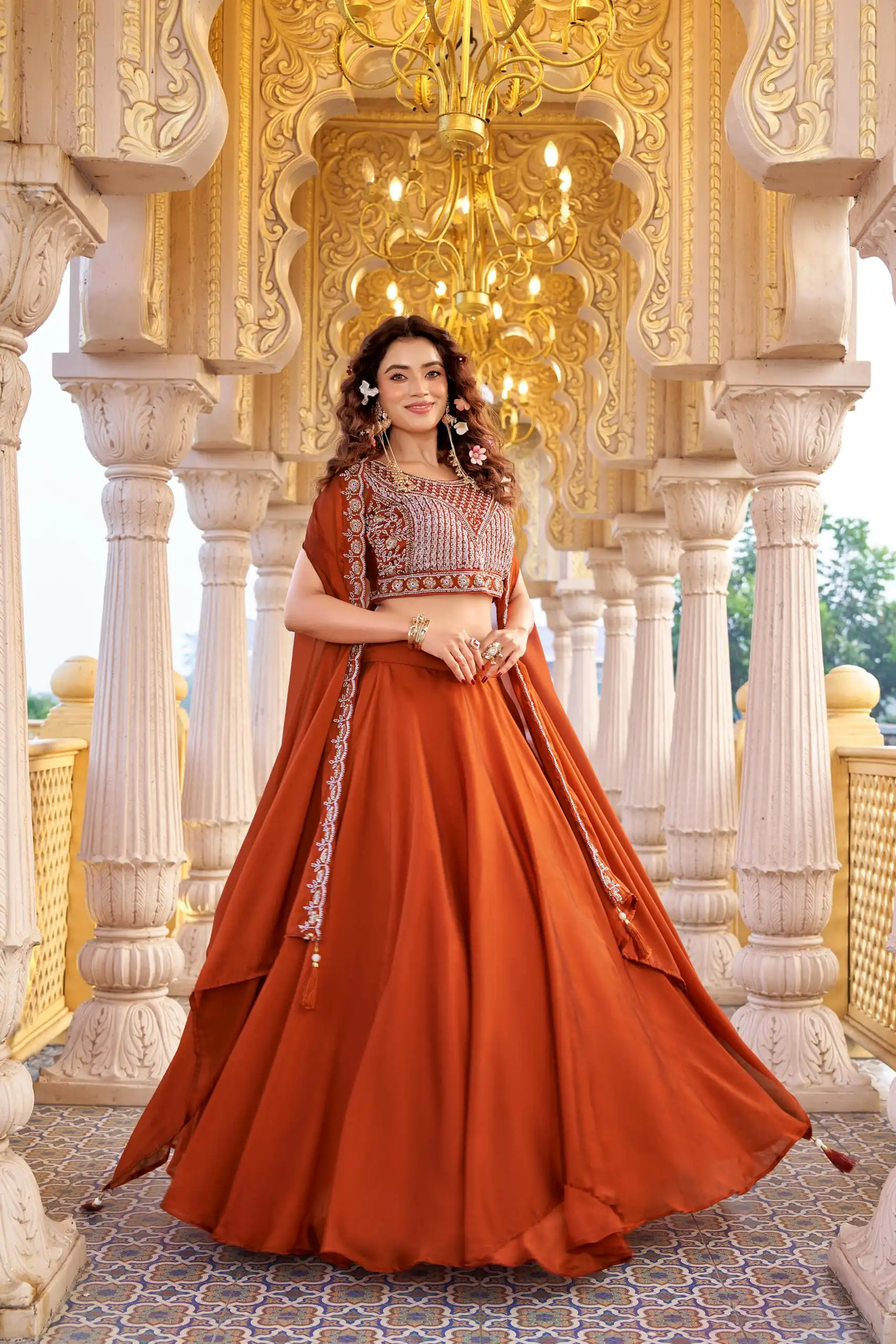 Rust Rangoli Silk Embroidery Work Lehenga Choli