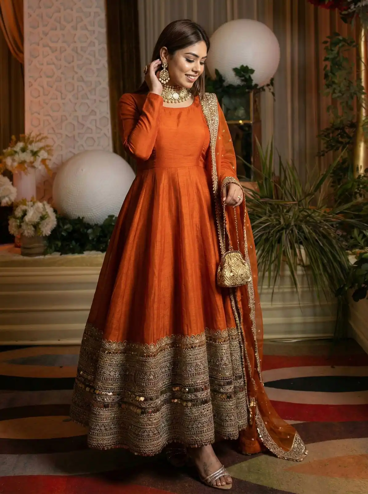 Orange Roman Silk Embroidery Lace Work Gown - Image 4