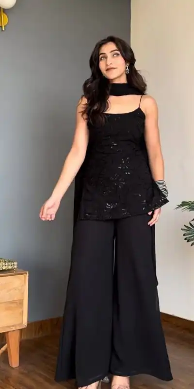 BD 1825 Black Faux Georgette Salwar Suit with Sequins Work & Embroidery Work. Affordable Price ₹1949. Delivery 4-6 Working Days. Shop now. | Jump Suits, Salwar suit, Casual Suits, Creative suits, Designer Suits, Palazzo Suits, Party Wear Suits, Patiala Suits, Straight Suits