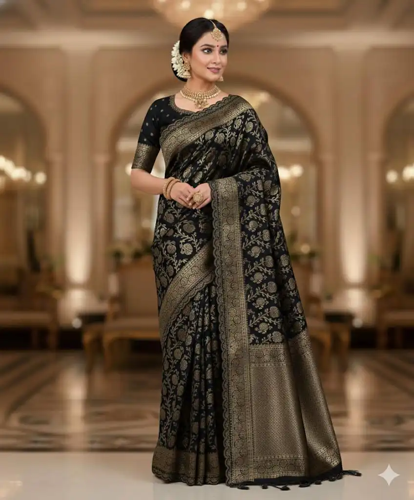 MS 451 Black Litchi Silk Saree with Embroidery Work & Lace Work. Available at ₹1399 only. Delivery 4-6 Working Days. Shop now. | Designer Sarees, Sarees, Bollywood Sarees, Creative Sarees, Embroidered Sarees, Ethnic Saree, Modern Digital sarees, Party Wear Sarees