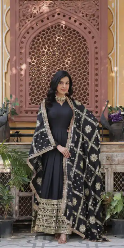 KA 1139 Black Star Georgette Gown Perfect for Wedding, Party, Onam, Mehendi, Traditional Day – . Affordable Price ₹3149. Delivery 4-6 Working Days. | Gowns, Bollywood Gowns, Creative Gowns, Designer Gowns, Embroidered Gowns, Party Wear Gowns