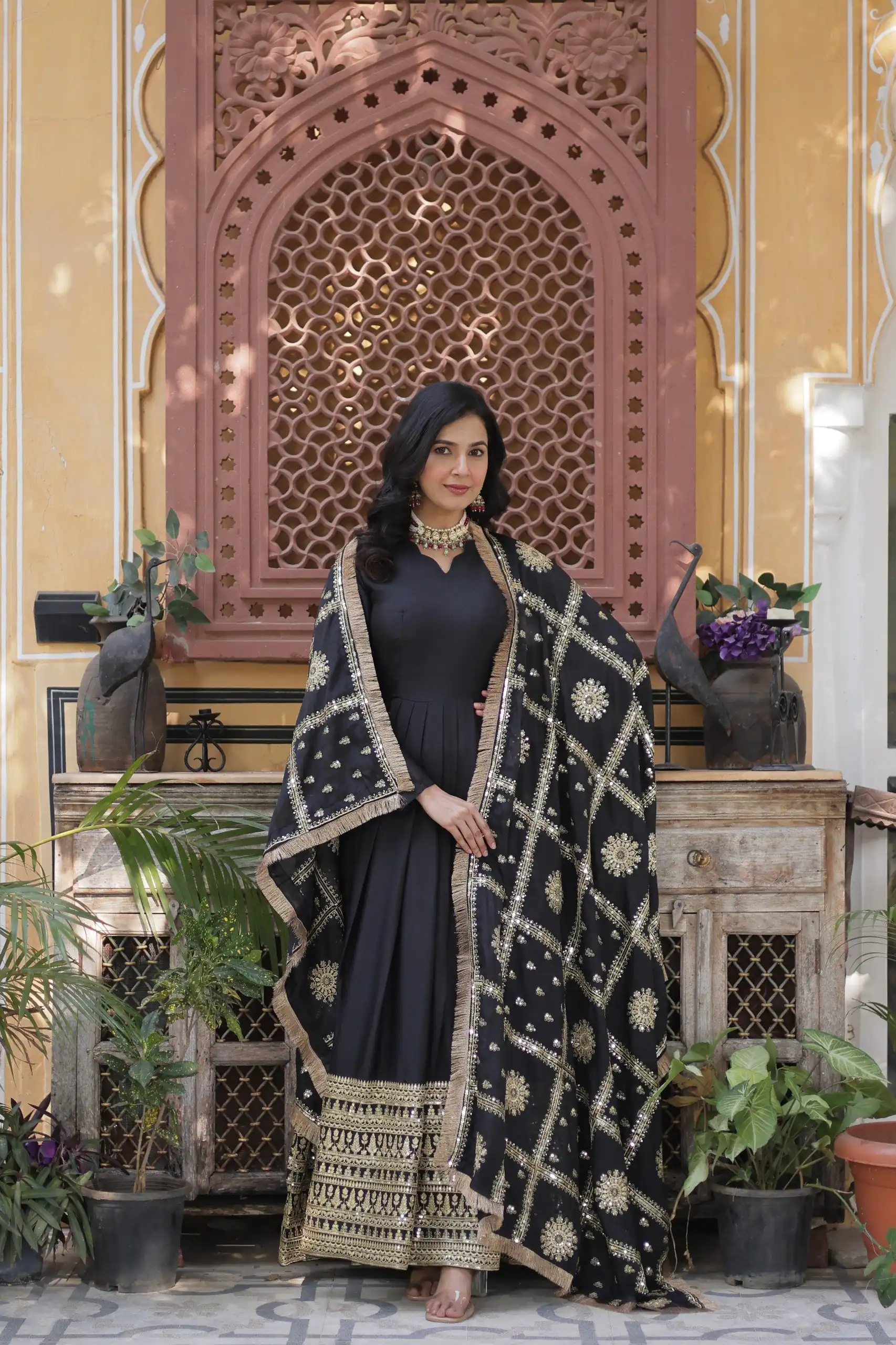 KA 1139 Black Star Georgette Gown Perfect for Wedding, Party, Onam, Mehendi, Traditional Day – . Affordable Price ₹3149. Delivery 4-6 Working Days. | Gowns, Bollywood Gowns, Creative Gowns, Designer Gowns, Embroidered Gowns, Party Wear Gowns