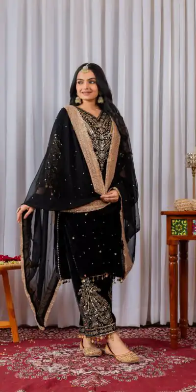 AD 134 Black Color Heavy Pure Viscose Velvet Embroidery Sharara Suit Wedding, Party, Festive, Events Etc. Expected Delivery  4-6 Working Days @2099/- | Jump Suits, Salwar suit, Casual Suits, Creative suits, Designer Suits, Palazzo Suits, Party Wear Suits, Patiala Suits, Straight Suits