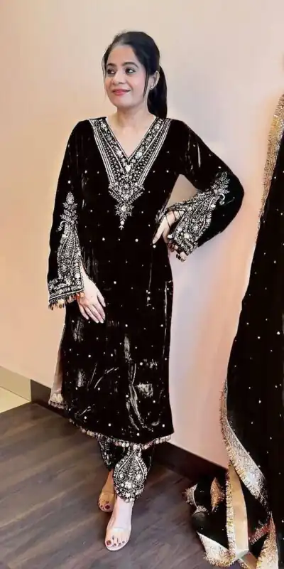 AD 134 Black Color Heavy Pure Viscose Velvet Embroidery Sharara Suit Wedding, Party, Festive, Events Etc. Expected Delivery  4-6 Working Days @2099/- | Jump Suits, Salwar suit, Casual Suits, Creative suits, Designer Suits, Palazzo Suits, Party Wear Suits, Patiala Suits, Straight Suits