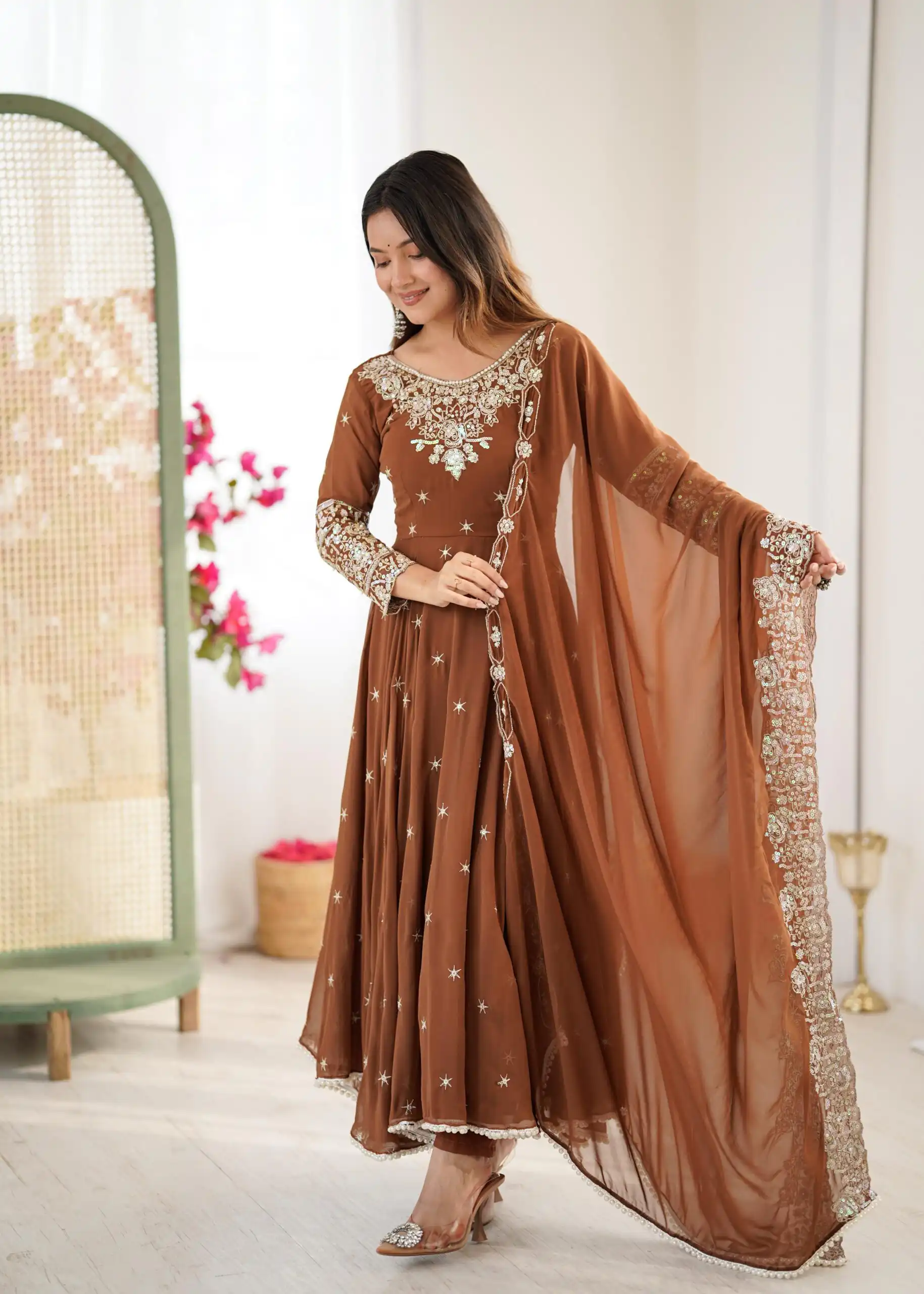 ZF 5012 Brown Blooming Faux Gown with Embroidery Work. Wedding, Party, Festive, Events Grab it for ₹2149. Delivery 4-6 Working Days. Shop now. | Lehenga, Bollywood Lehenga, Creative Lehenga, Designer Lehenga, Embroidered Lehenga, Party Wear Lehenga