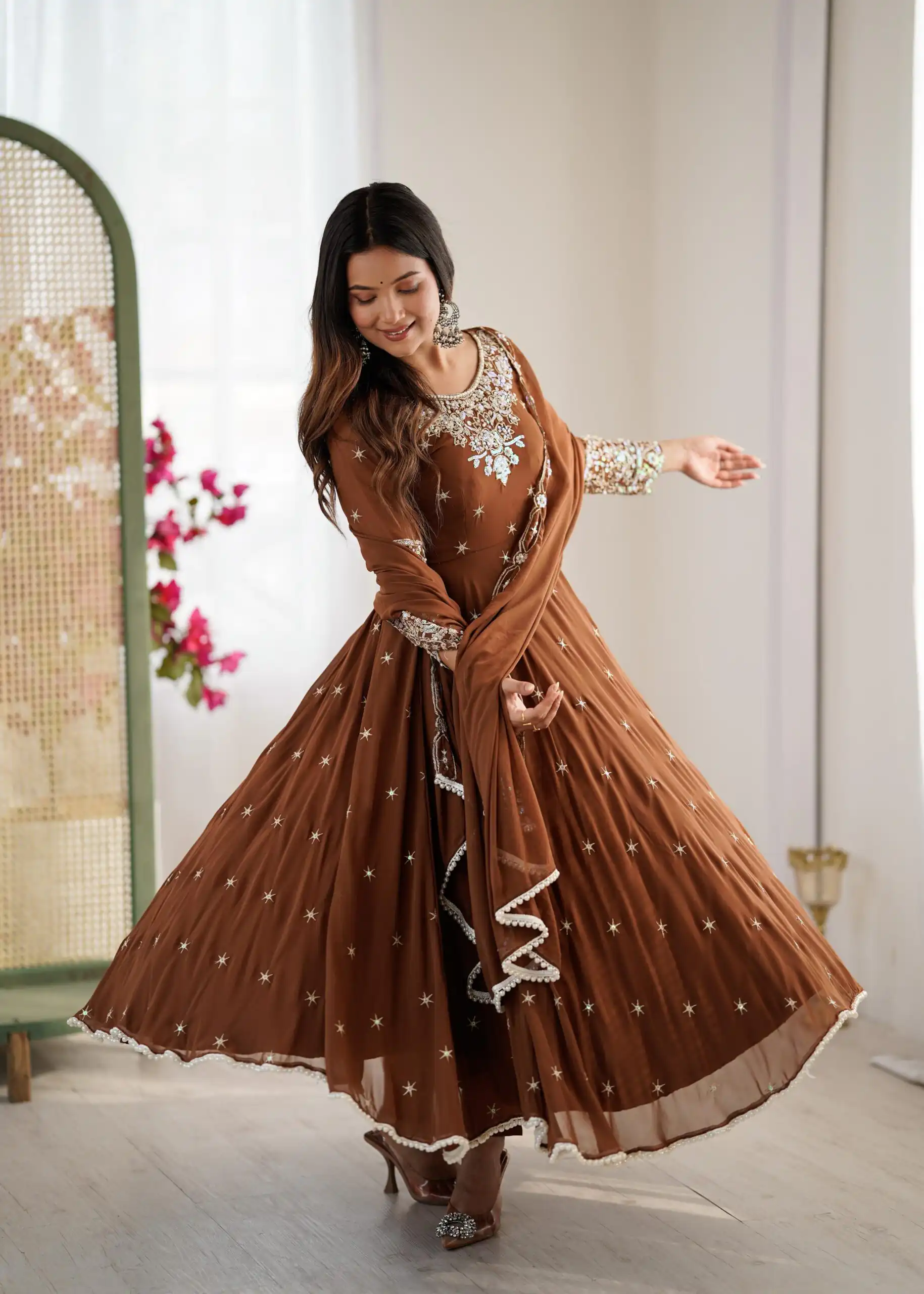 ZF 5012 Brown Blooming Faux Gown with Embroidery Work. Wedding, Party, Festive, Events Grab it for ₹2149. Delivery 4-6 Working Days. Shop now. | Lehenga, Bollywood Lehenga, Creative Lehenga, Designer Lehenga, Embroidered Lehenga, Party Wear Lehenga