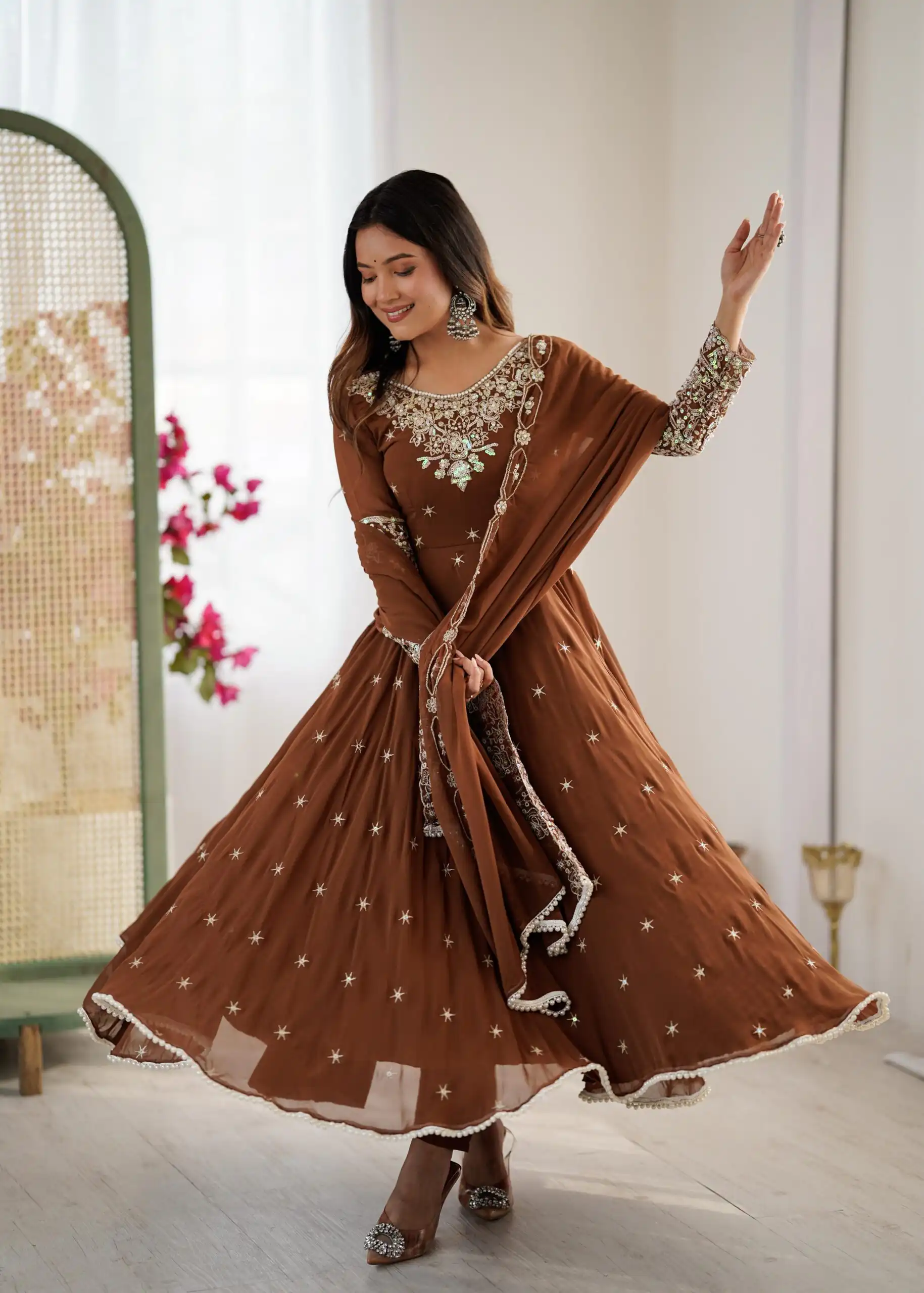 ZF 5012 Brown Blooming Faux Gown with Embroidery Work. Wedding, Party, Festive, Events Grab it for ₹2149. Delivery 4-6 Working Days. Shop now. | Lehenga, Bollywood Lehenga, Creative Lehenga, Designer Lehenga, Embroidered Lehenga, Party Wear Lehenga