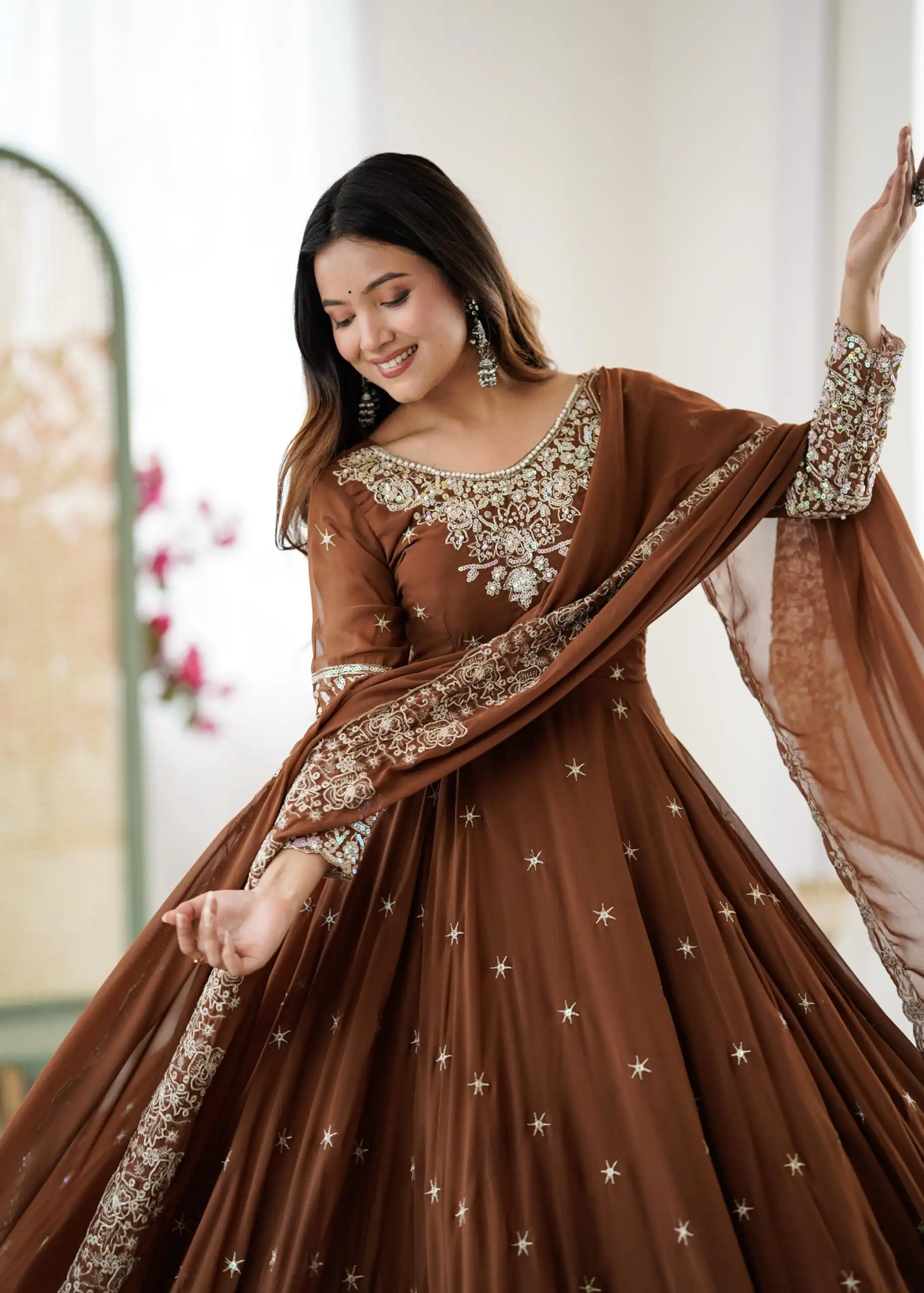 ZF 5012 Brown Blooming Faux Gown with Embroidery Work. Wedding, Party, Festive, Events Grab it for ₹2149. Delivery 4-6 Working Days. Shop now. | Lehenga, Bollywood Lehenga, Creative Lehenga, Designer Lehenga, Embroidered Lehenga, Party Wear Lehenga