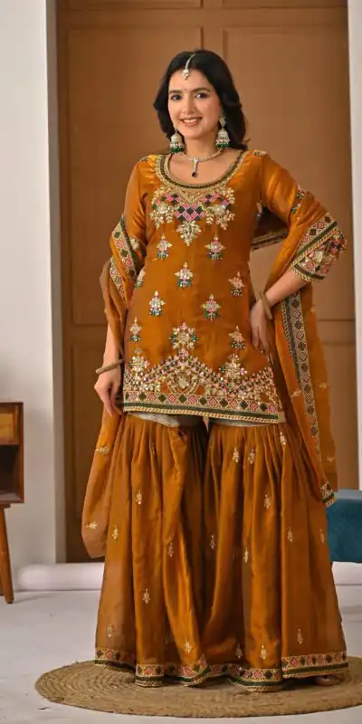 ND 5056 Brown Fandy Silk Salwar Suit with Embroidery Work. Wedding, Party, Festive, Events Now at just ₹2649. Delivery 4-6 Working Days. Shop now. | Jump Suits, Salwar suit, Casual Suits, Creative suits, Designer Suits, Palazzo Suits, Party Wear Suits, Patiala Suits, Straight Suits