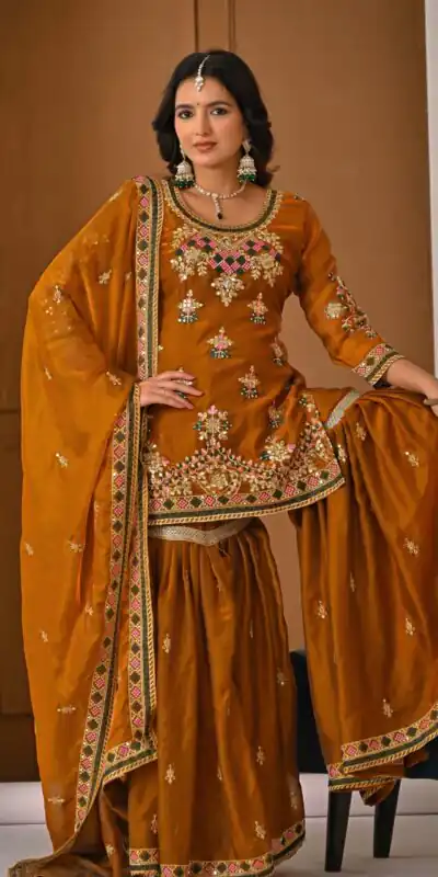 ND 5056 Brown Fandy Silk Salwar Suit with Embroidery Work. Wedding, Party, Festive, Events Now at just ₹2649. Delivery 4-6 Working Days. Shop now. | Jump Suits, Salwar suit, Casual Suits, Creative suits, Designer Suits, Palazzo Suits, Party Wear Suits, Patiala Suits, Straight Suits
