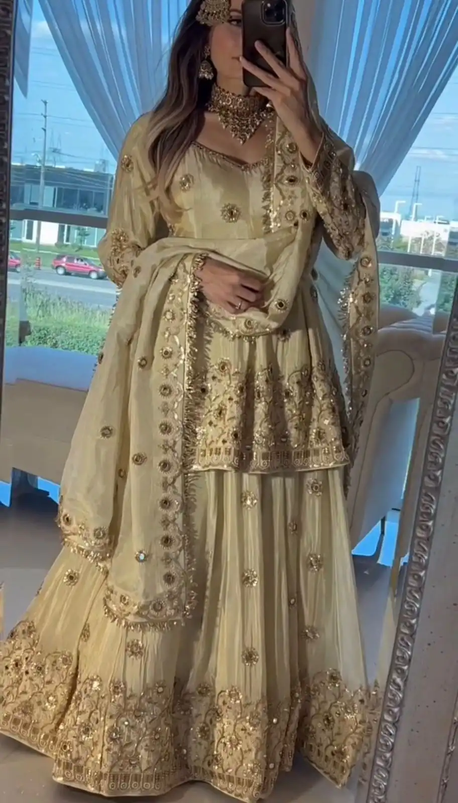 ST 1159 Cream Chinon Lehenga Choli with Embroidery Work & Mirror Work. Grab it for ₹2549. Delivery 4-6 Working Days. Shop now. | Lehenga, Bollywood Lehenga, Creative Lehenga, Designer Lehenga, Embroidered Lehenga, Party Wear Lehenga