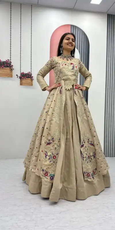 PC 528 Cream Color Vichitra Sequence Work Lehenga Choli Designer Work. Grab it for ₹2649. Delivery 4-6 Working Days. Shop now. | Lehenga, Bollywood Lehenga, Creative Lehenga, Designer Lehenga, Embroidered Lehenga, Party Wear Lehenga