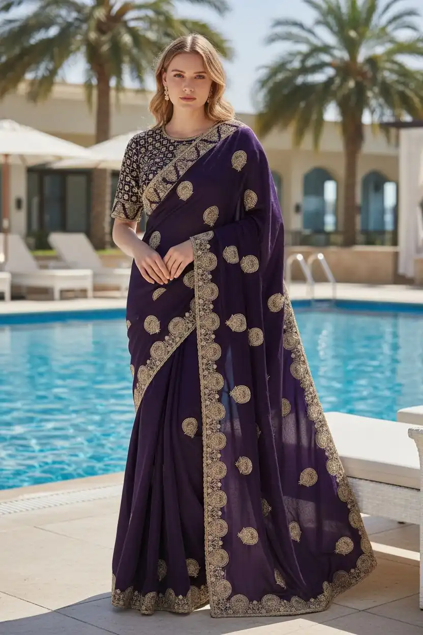 BT 442 Dark Purple in Fandy Satin Silk. Embroidery Work & Zari Work Saree Affordable Price ₹1999. Delivery 4-6 Working Days. Shop now. | Sarees, Bollywood Sarees, Creative Sarees, Designer Sarees, Embroidered Sarees, Ethnic Saree, Modern Digital sarees, Party Wear Sarees