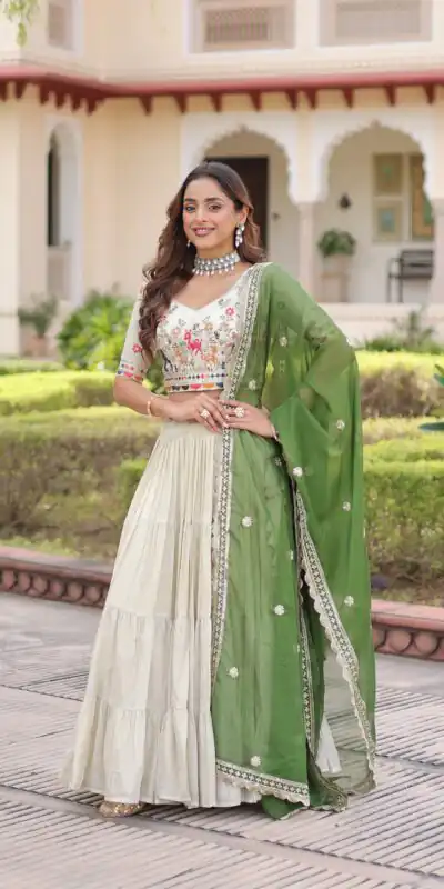 KA 5061 Green in Cosmos silk Embroidery Work & Zari Work Lehenga Choli . Get it for ₹2649. Delivery 4-6 Working Days. Shop now. | Lehenga, Bollywood Lehenga, Creative Lehenga, Designer Lehenga, Embroidered Lehenga, Party Wear Lehenga