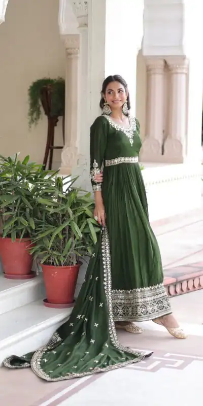 KA 1215 Green Vichitra Silk Gown Perfect for Wedding, Party, Holi, Anniversary, Mehendi –. Grab it for ₹2449. Delivery 4-6 Working Days. Shop now. | Gowns, Bollywood Gowns, Creative Gowns, Designer Gowns, Embroidered Gowns, Party Wear Gowns